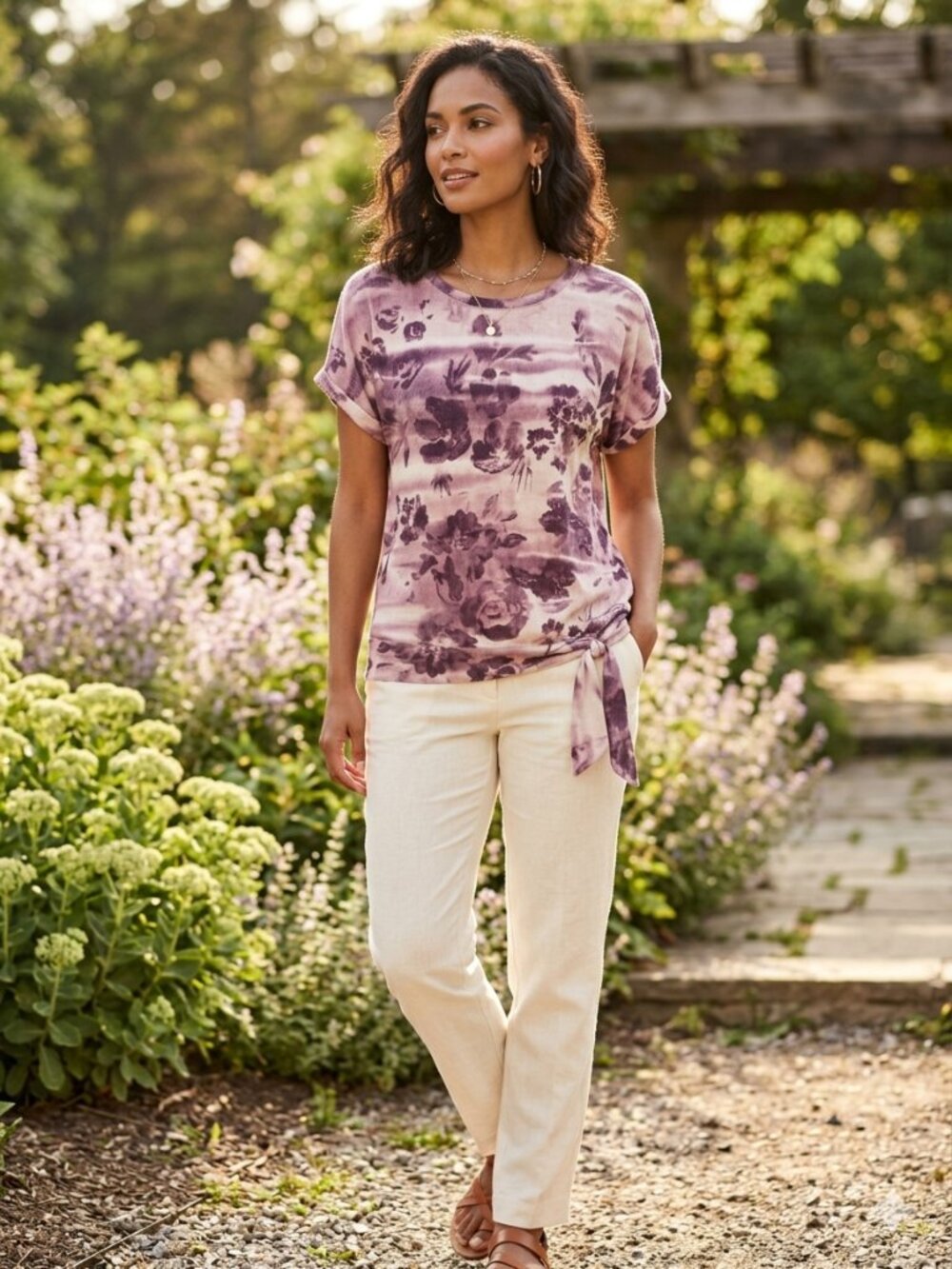 MADISON GREY Floral Print Top With Side Tie-Knot Detail